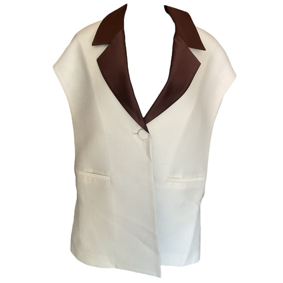 NWT Amir Taghi Silk Wool Bow Tie Blazer Vest Size 2 White Brown - Picture 3 of 14